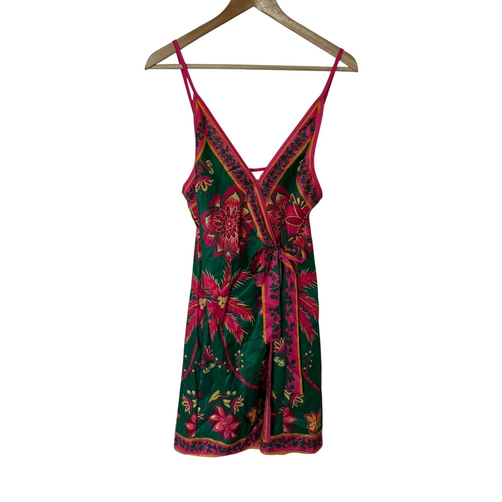 SHEIN Wrap Dress Womens Medium‎ Green Pink Tropical Scarf Print Mini Excellent
